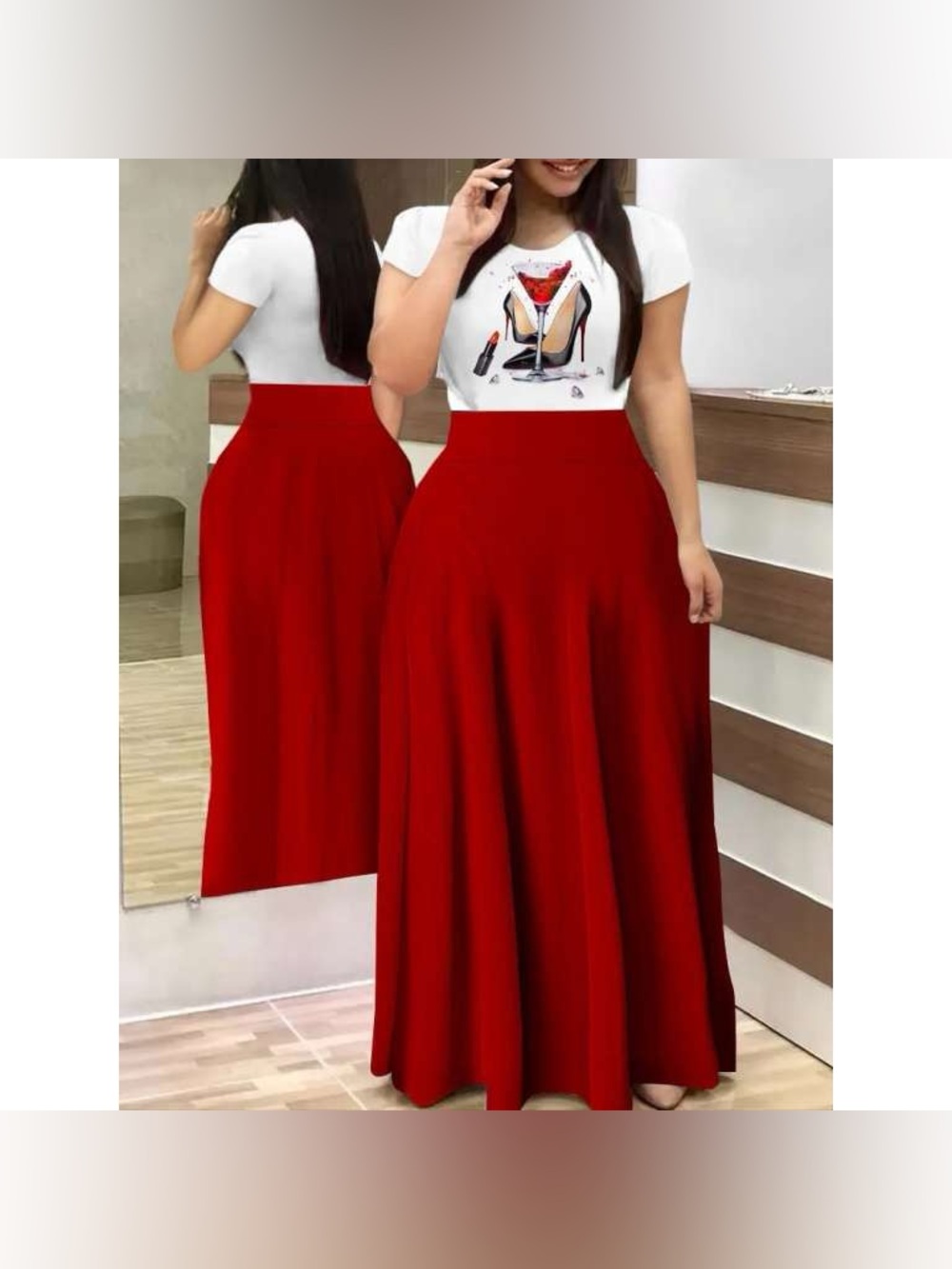 Women’s Red High-Waist Maxi Skirt & Top
